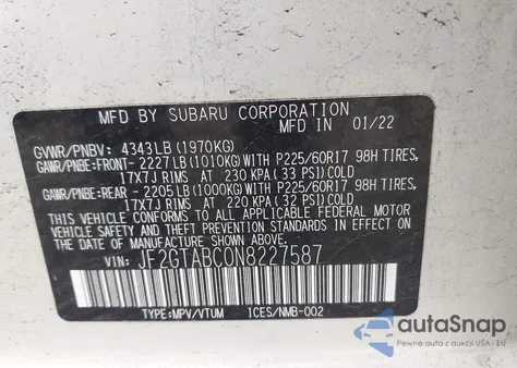 2022 Subaru Crosstrek из США, поврежденный, VIN JF2GTABC0N8227587